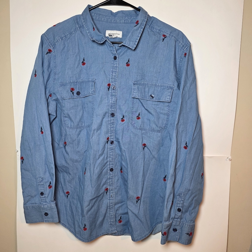 Liz Claiborne Blue Denim Button Shirt Red Floral Emboidery Women XL